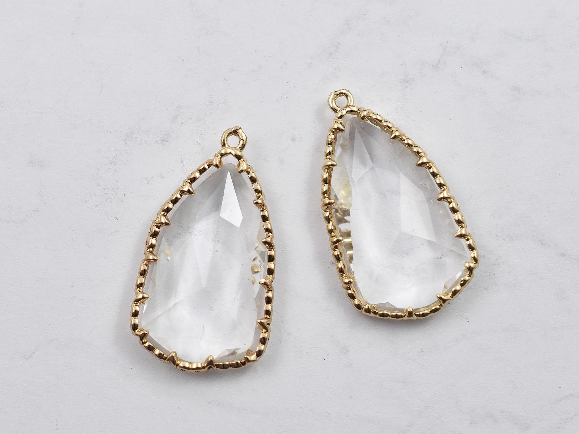 *2* 33x18mm Gold Plated Brass Faceted Clear Glass Drop Pendants