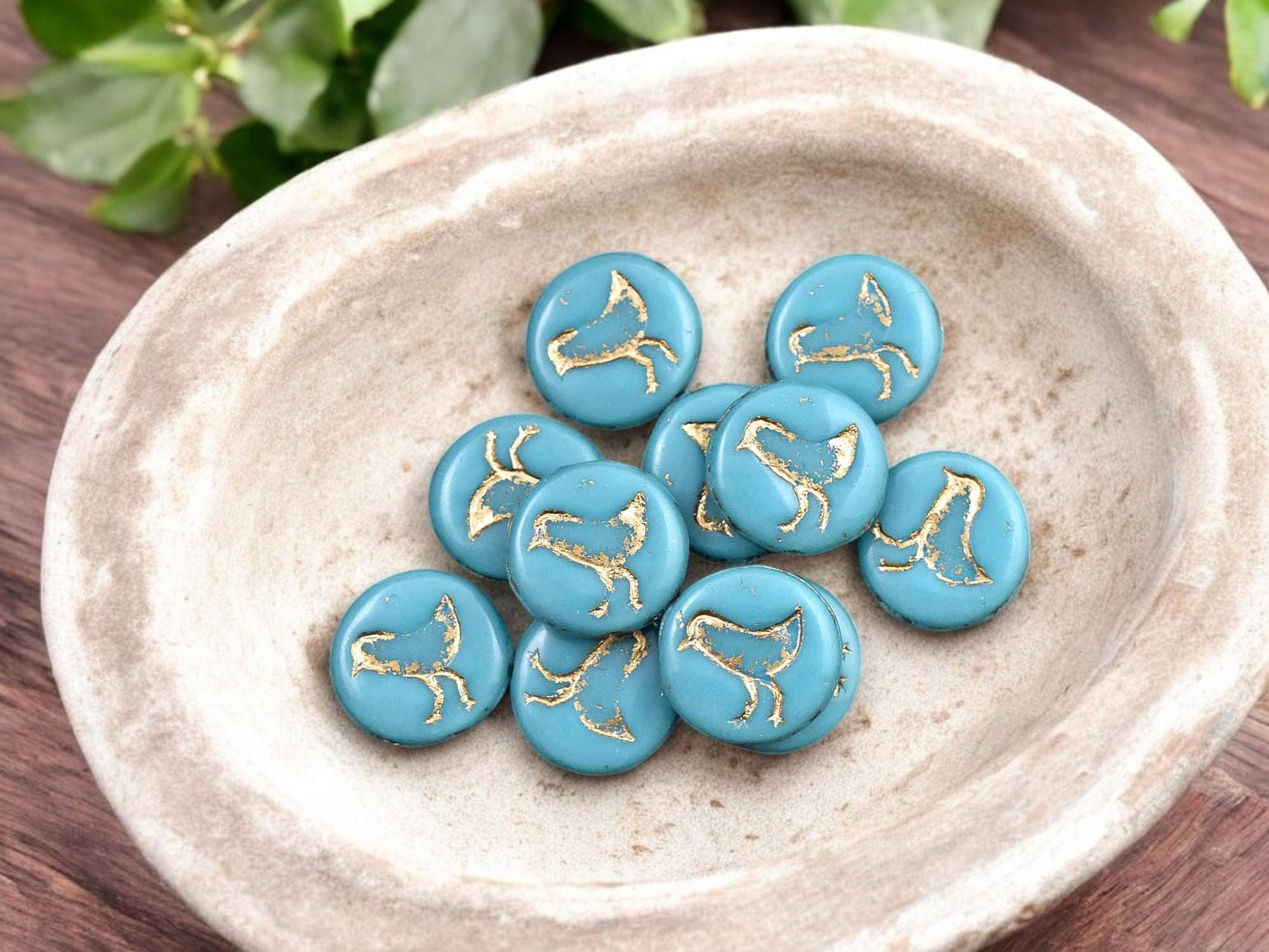 *15* 12mm Gold Washed Opaque Teal Turquoise Bird Coin Beads
