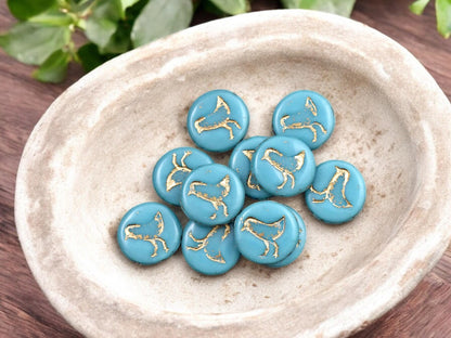 *15* 12mm Gold Washed Opaque Teal Turquoise Bird Coin Beads