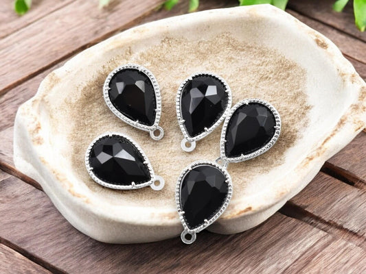 Glass Charms - Bezel Charm - Teardrop Charm - Silver Charms - 18x12mm - 5pcs - (4414)