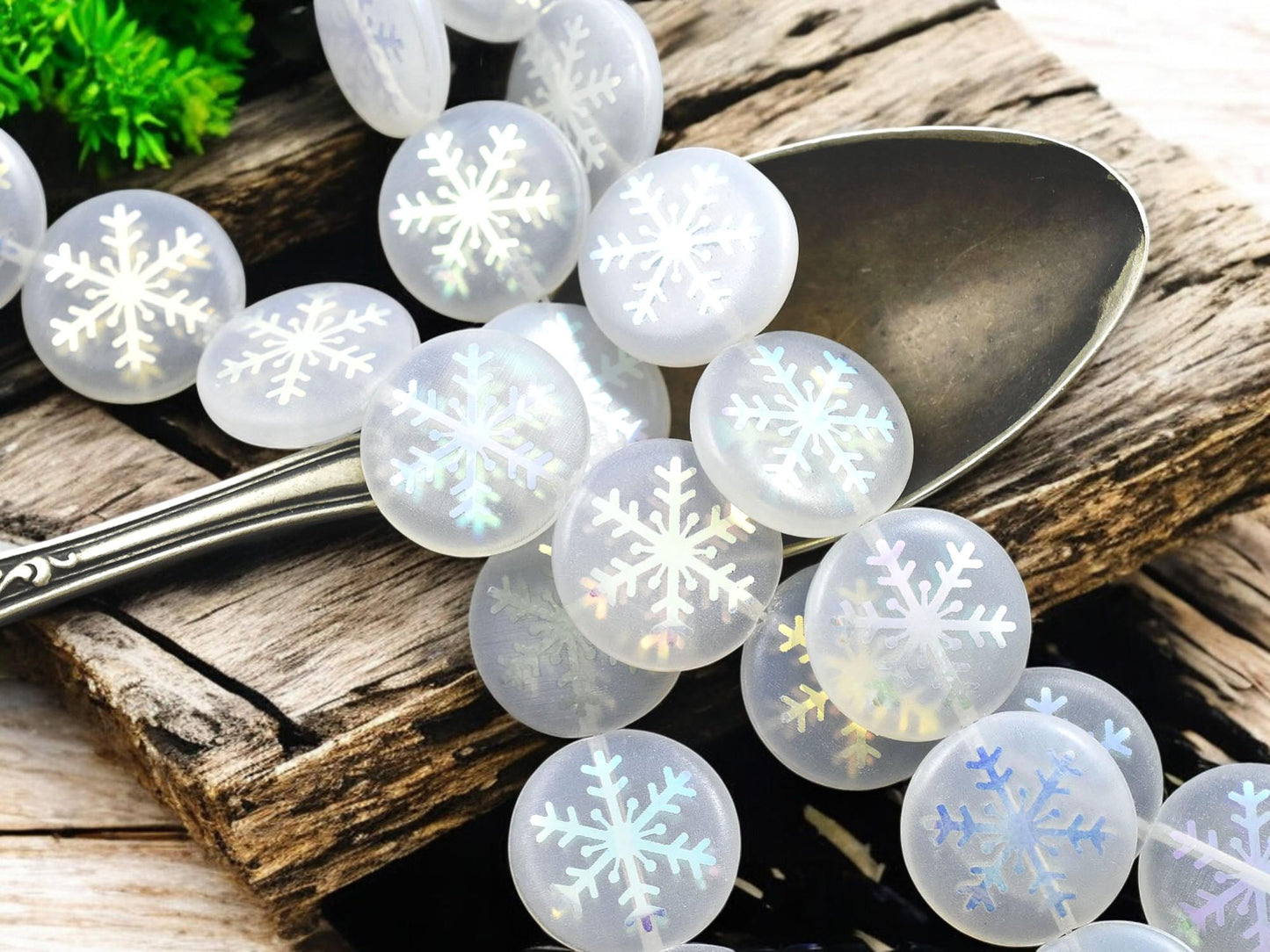 *8* 17mm White Opaline AB Laser Tattoo Snowflake Coin Beads