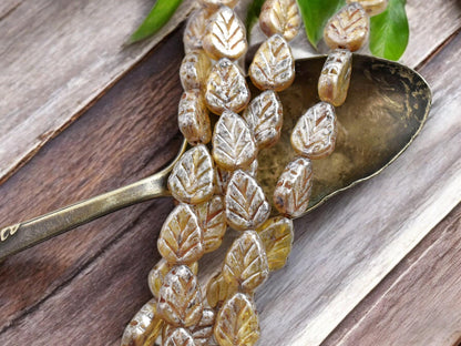 Czech Glass Beads - Leaf Beads - Picasso Beads - Fall Beads - Czech Leaves - 10x8mm - 16pcs - (3371)