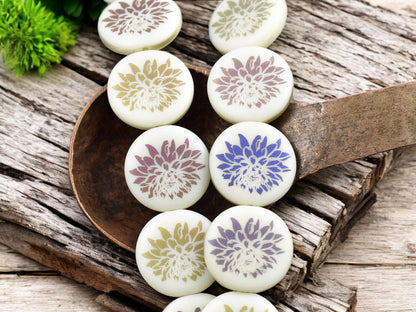 *8* 17mm Matte Opaque Ivory Sliperit Laser Etched Dahlia Coin Beads