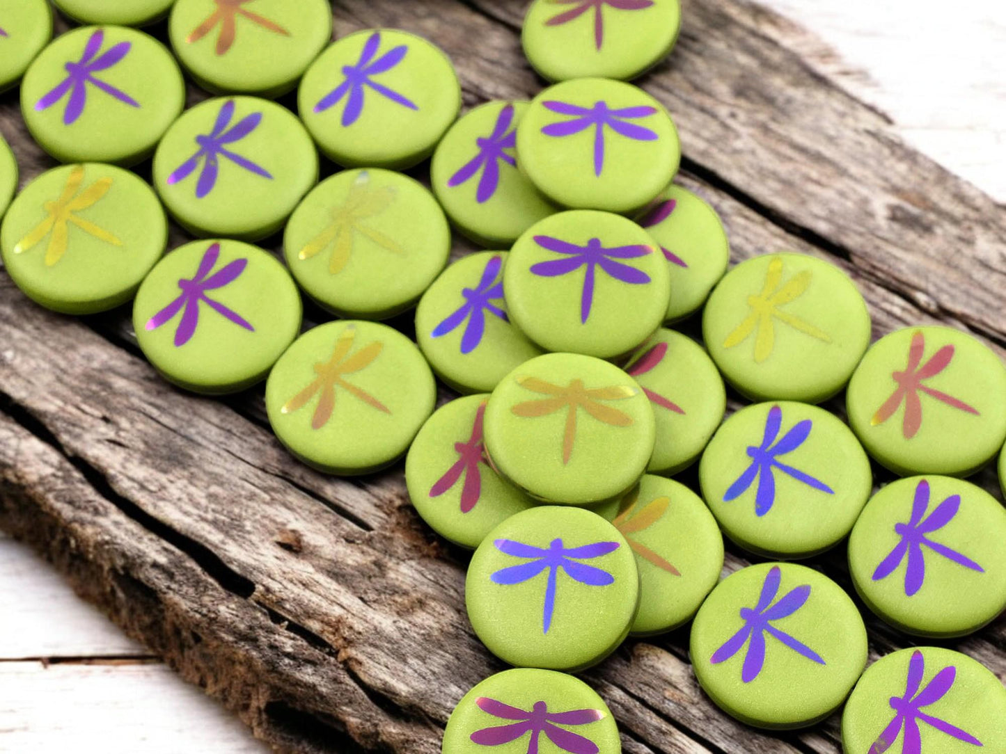 *8* 16mm Opaque Avocado Green Laser Tattoo Dragonfly Coin Beads