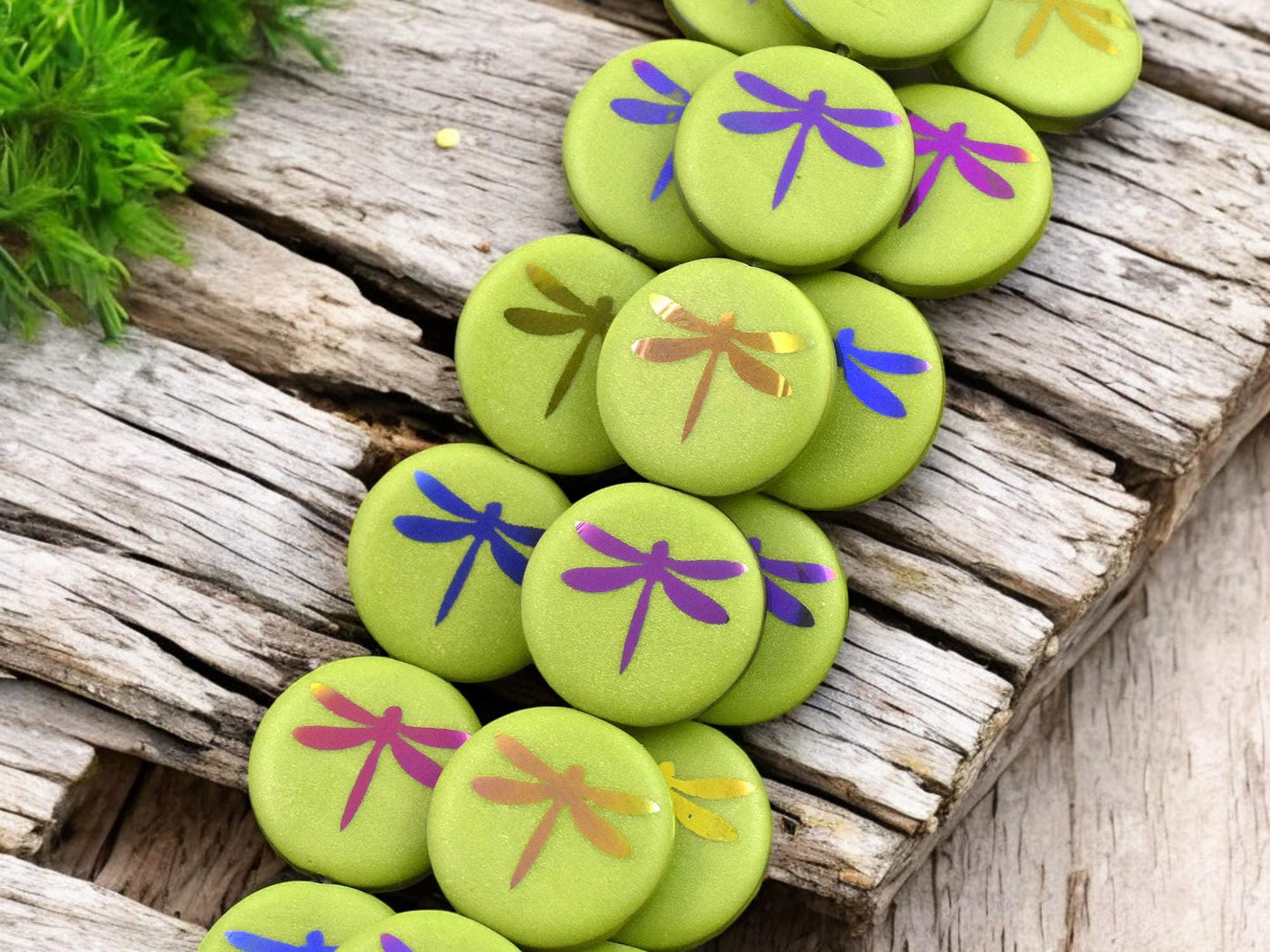*8* 16mm Opaque Avocado Green Laser Tattoo Dragonfly Coin Beads