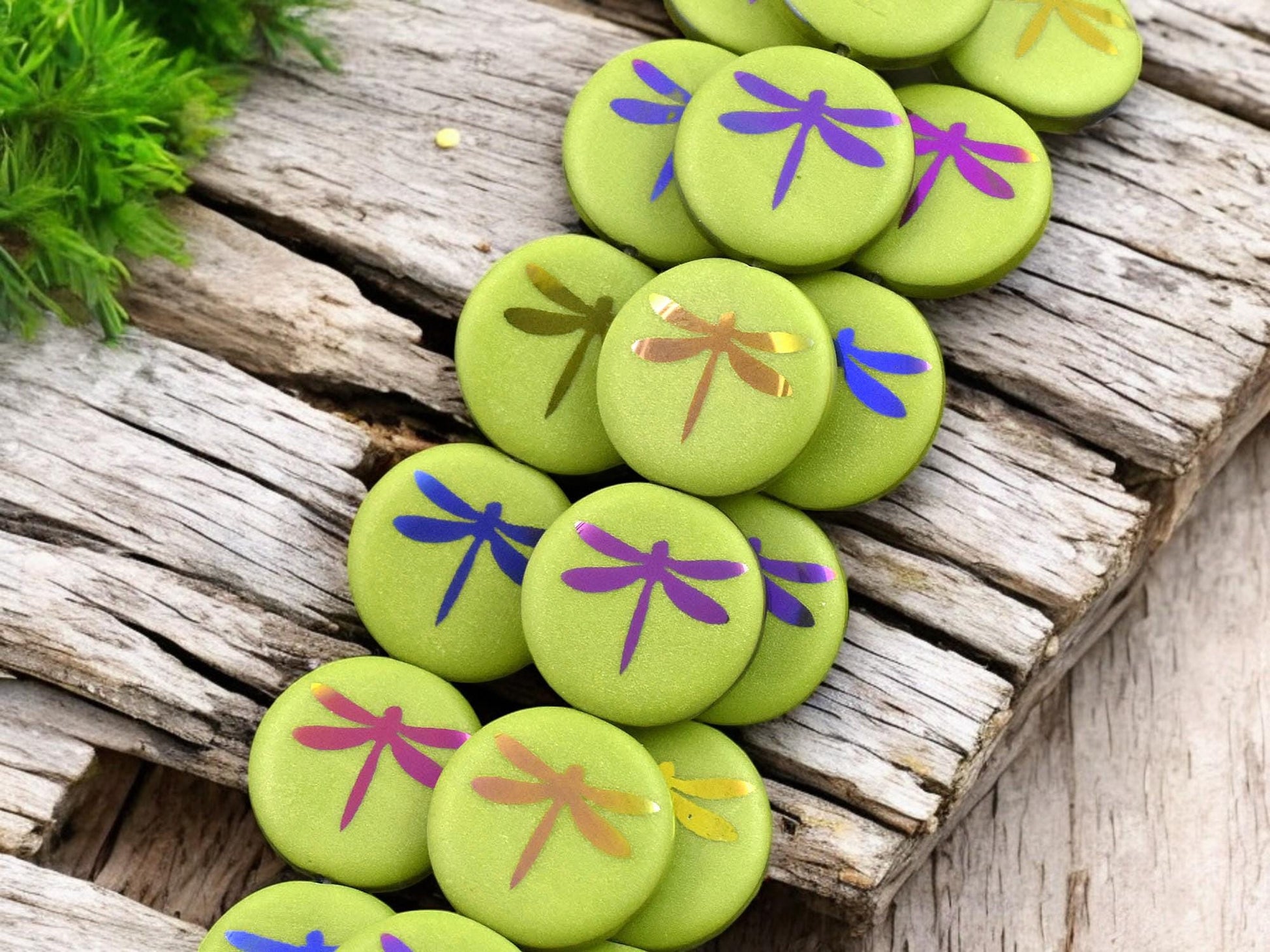 *8* 16mm Opaque Avocado Green Laser Tattoo Dragonfly Coin Beads