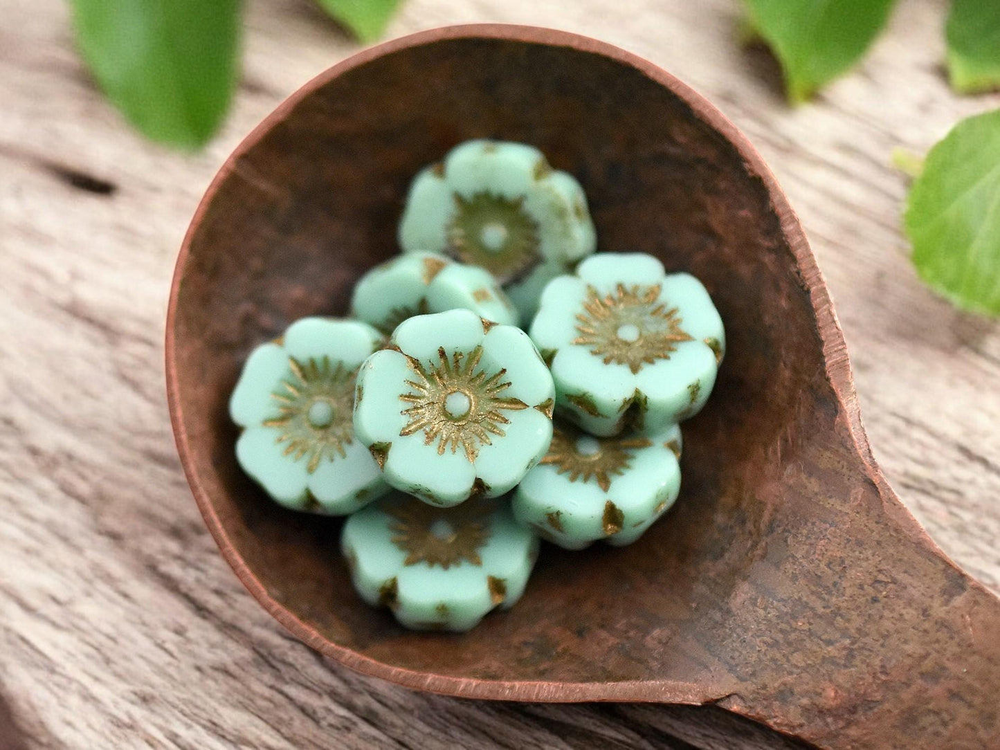 *12* 12mm Bronze Washed Opaque Turquoise Hawaiian Flower Beads