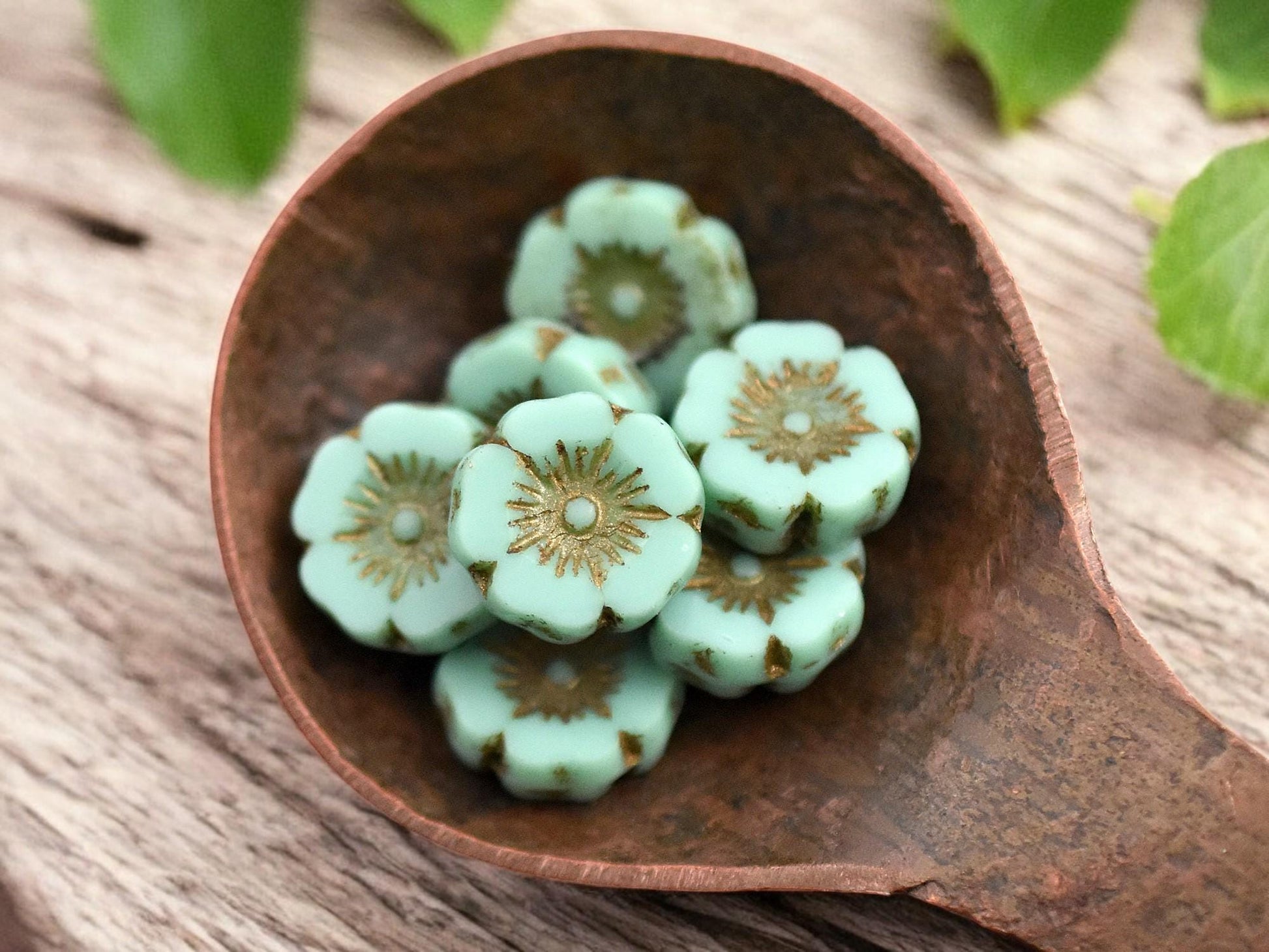*12* 12mm Bronze Washed Opaque Turquoise Hawaiian Flower Beads