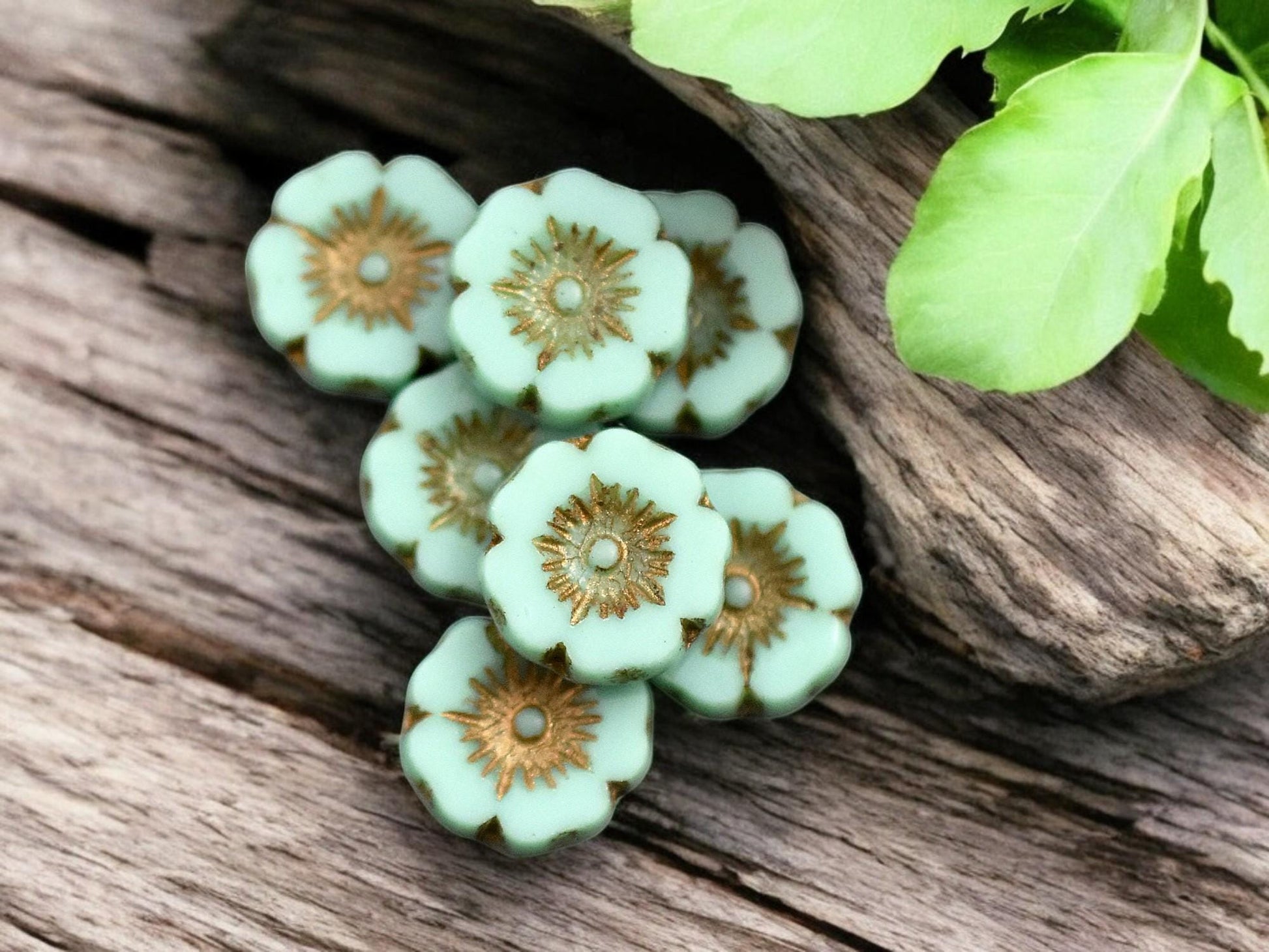 *12* 12mm Bronze Washed Opaque Turquoise Hawaiian Flower Beads