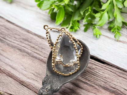 *2* 33x18mm Gold Plated Brass Faceted Clear Glass Drop Pendants