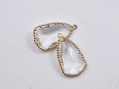 *2* 33x18mm Gold Plated Brass Faceted Clear Glass Drop Pendants