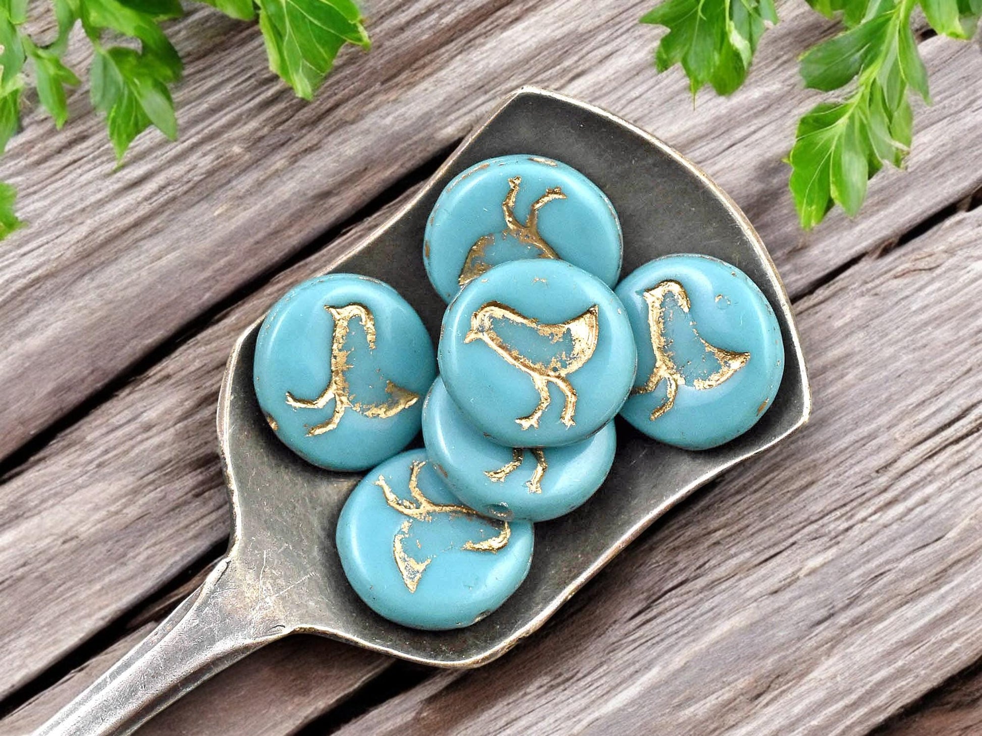 *15* 12mm Gold Washed Opaque Teal Turquoise Bird Coin Beads
