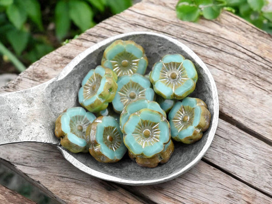 *12* 12mm Turquoise Silk Luster Picasso Hawaiian Flower Beads