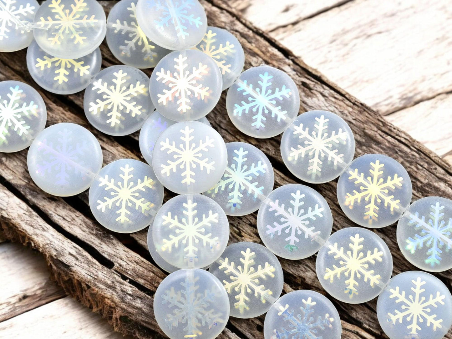 *8* 17mm White Opaline AB Laser Tattoo Snowflake Coin Beads