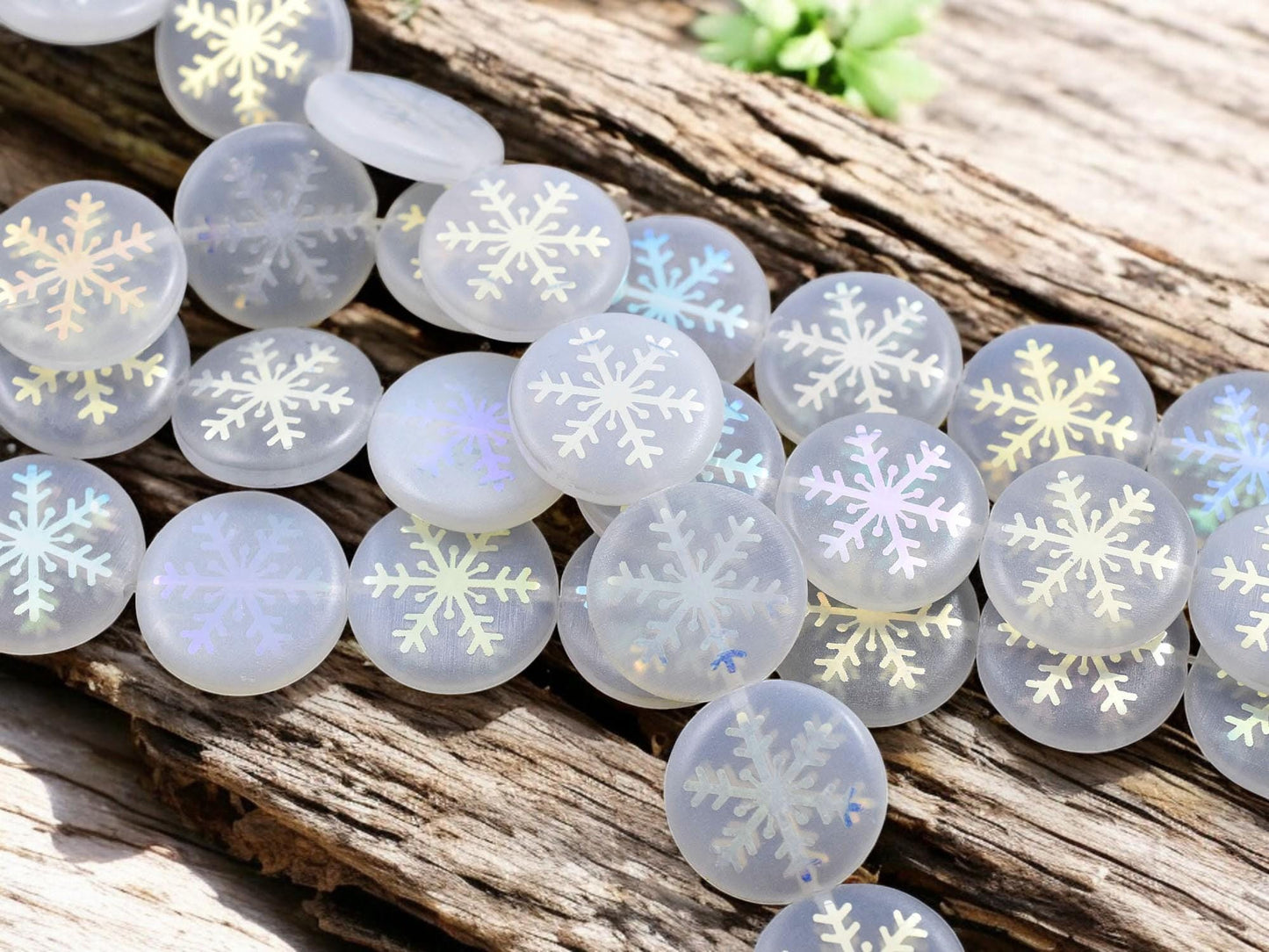*8* 17mm White Opaline AB Laser Tattoo Snowflake Coin Beads