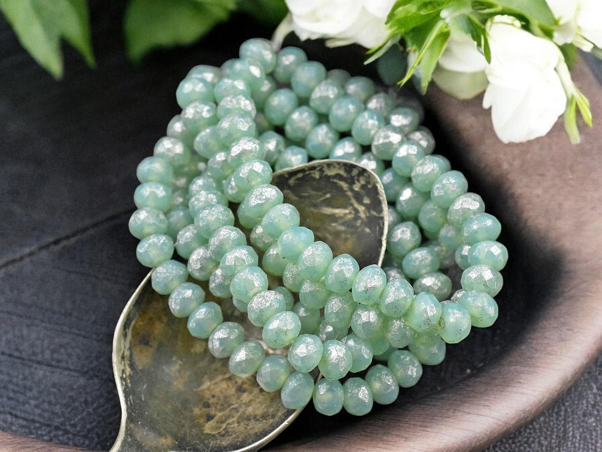 *30* 3x5mm Mint Opal Mercury Fire Polished Rondelle Beads