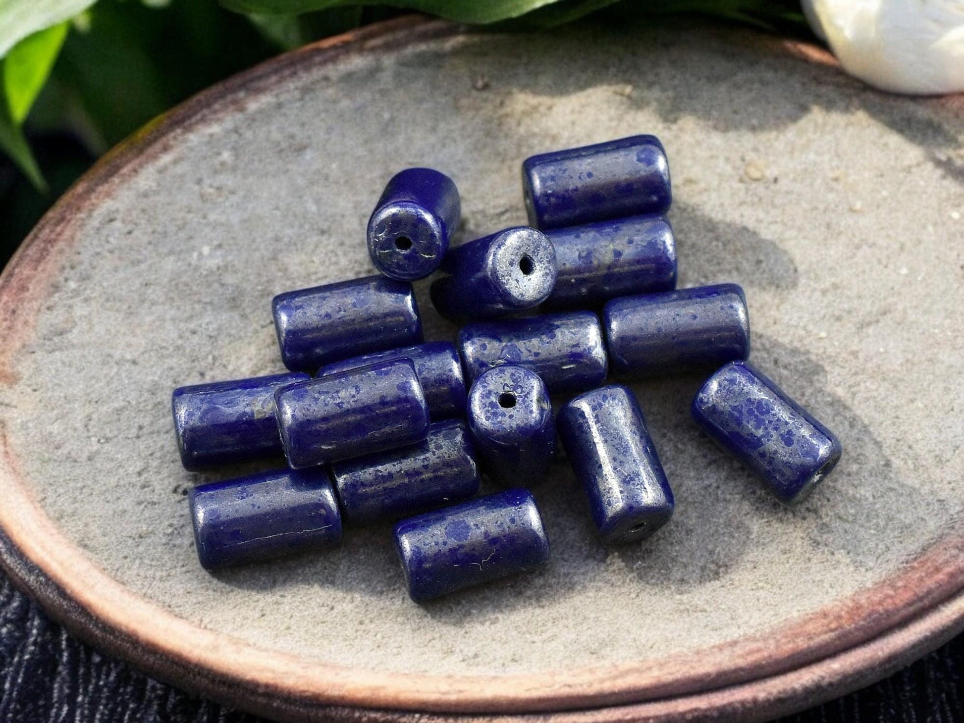 *16* 9x5mm Navy Blue Silver Picasso Tube Beads