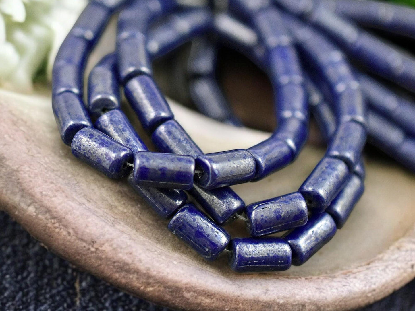 *16* 9x5mm Navy Blue Silver Picasso Tube Beads