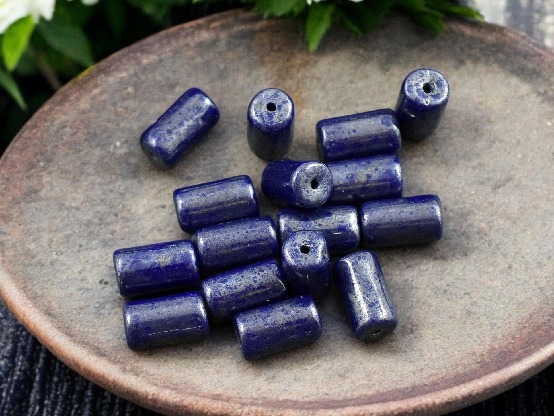 *16* 9x5mm Navy Blue Silver Picasso Tube Beads