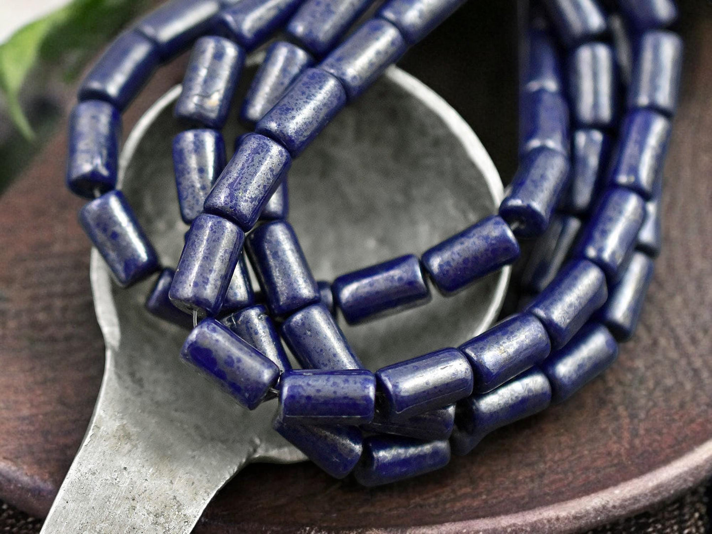 *16* 9x5mm Navy Blue Silver Picasso Tube Beads