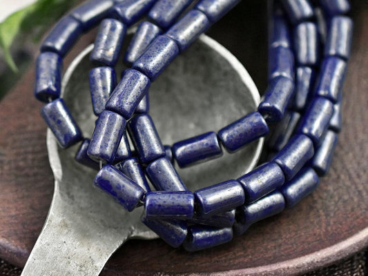 *16* 9x5mm Navy Blue Silver Picasso Tube Beads