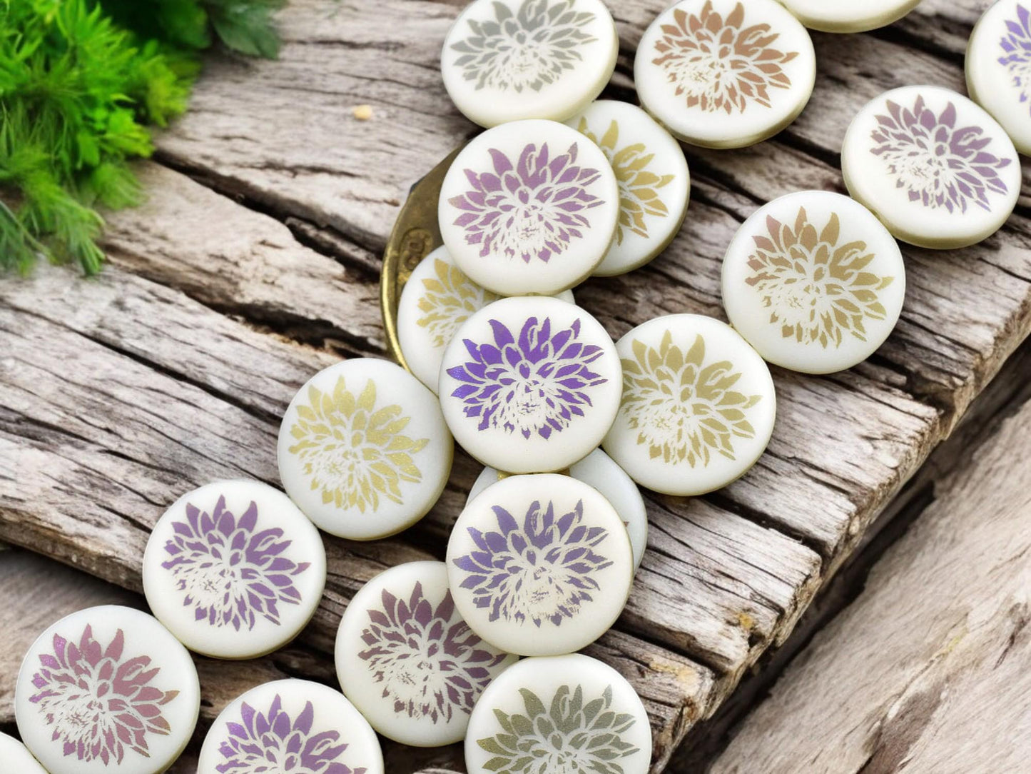 *8* 17mm Matte Opaque Ivory Sliperit Laser Etched Dahlia Coin Beads