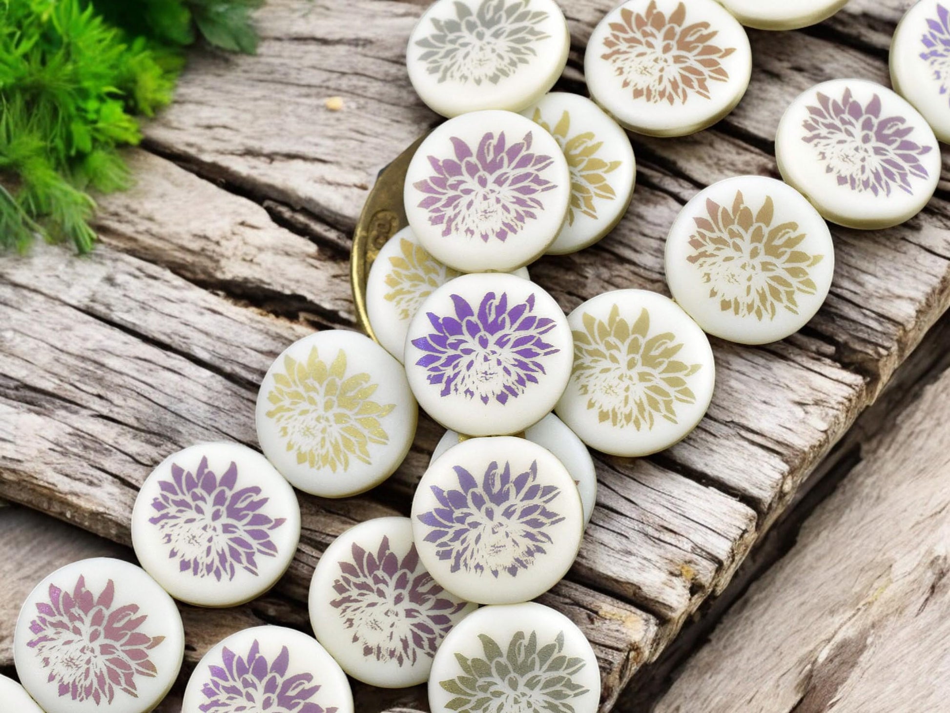 *8* 17mm Matte Opaque Ivory Sliperit Laser Etched Dahlia Coin Beads