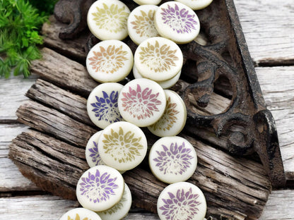 *8* 17mm Matte Opaque Ivory Sliperit Laser Etched Dahlia Coin Beads