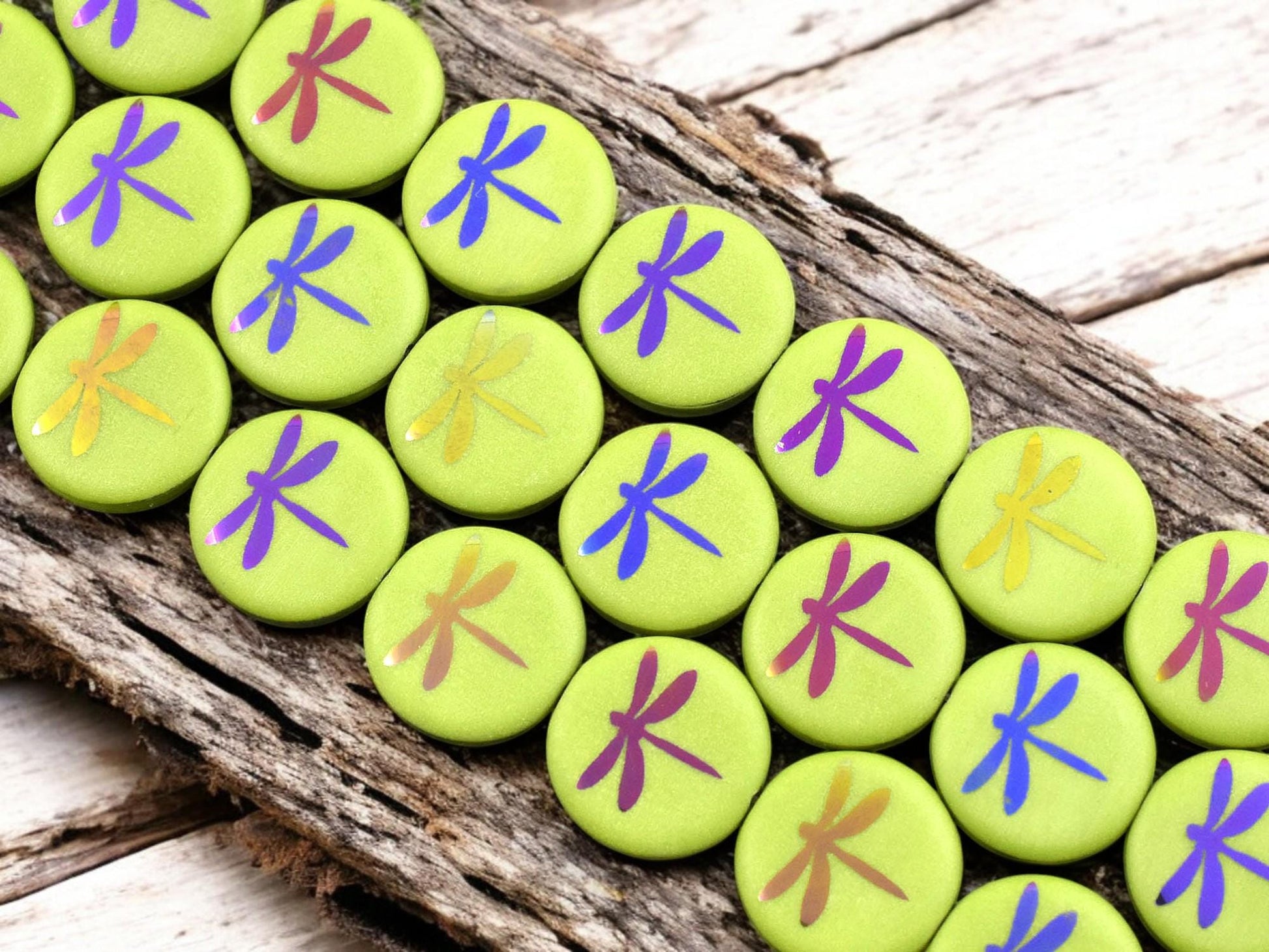 *8* 16mm Opaque Avocado Green Laser Tattoo Dragonfly Coin Beads