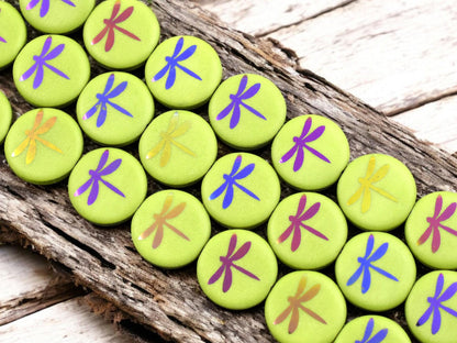 *8* 16mm Opaque Avocado Green Laser Tattoo Dragonfly Coin Beads