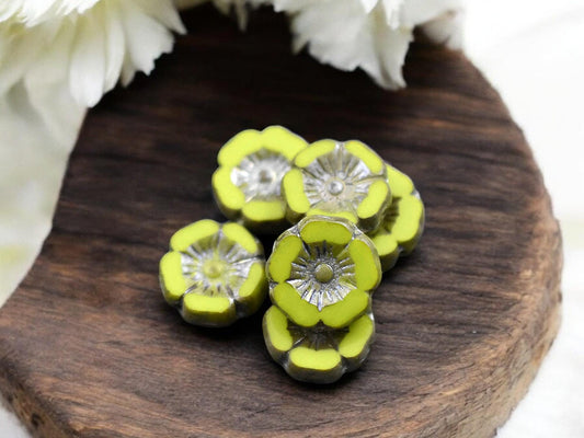 *12* 12mm Opaque Chartreuse Picasso Luster Hawaiian Flower Beads