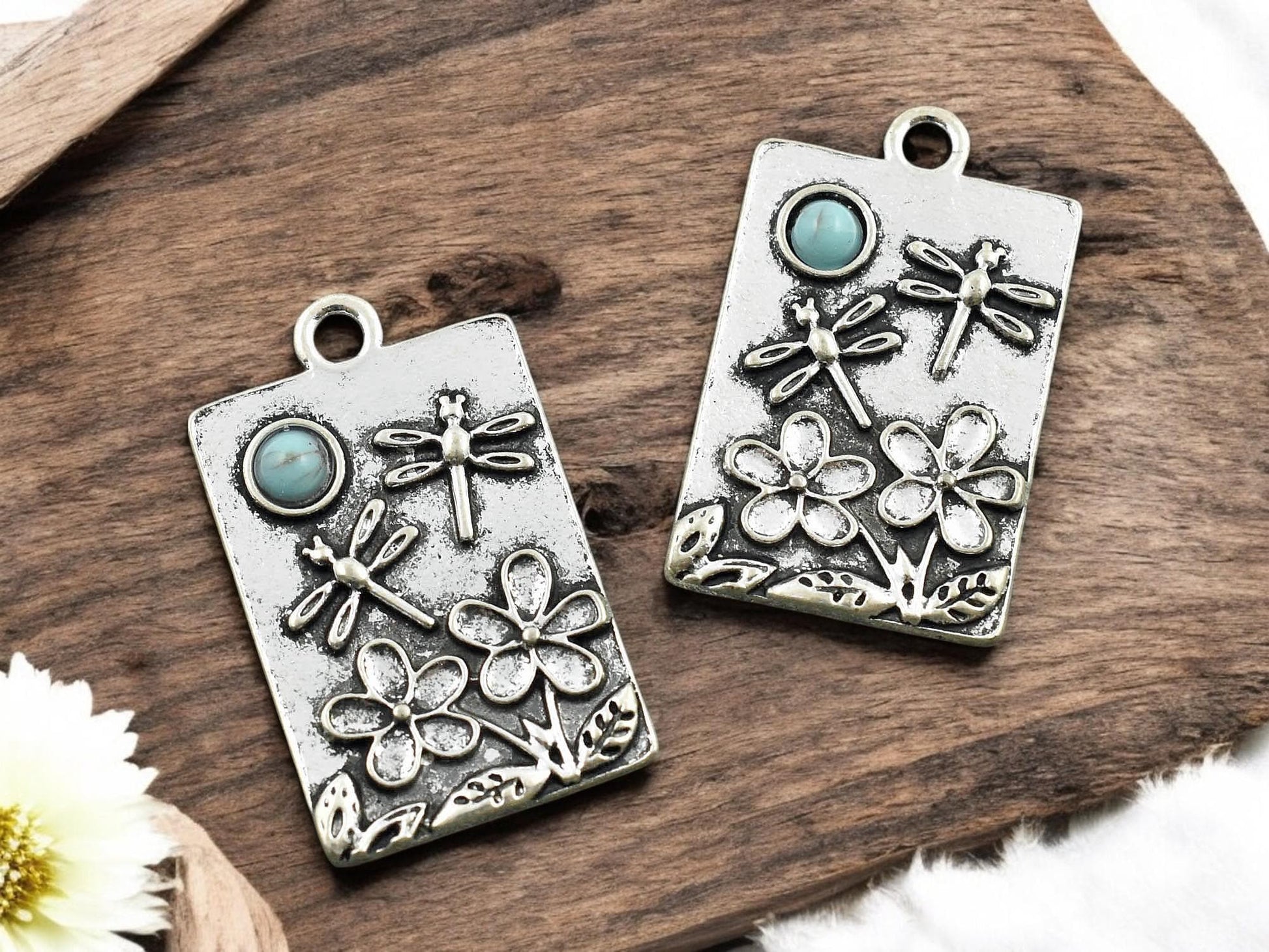 *5* 30x19mm Antique Silver Rectangle Floral Charms