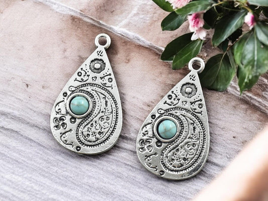 *5* 33x19mm Antique Silver w/Turquoise Paisley Drop Pendants