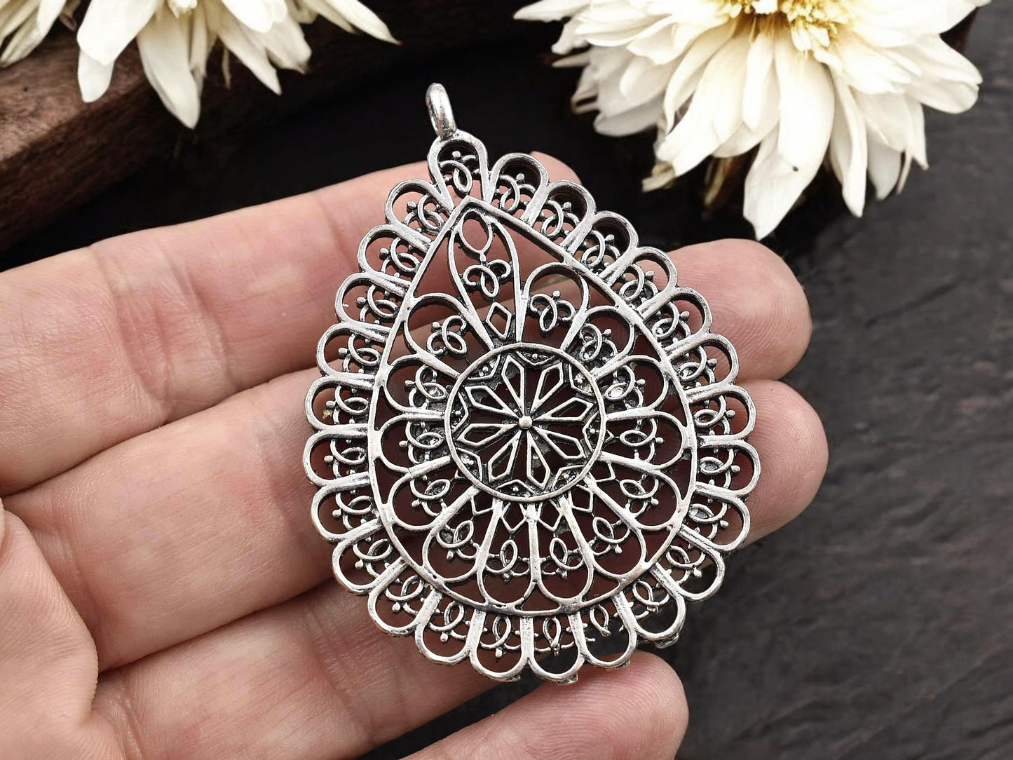 59x43mm Antique Silver Filigree Teardrop Pendants -- 3pcs