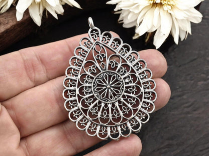 59x43mm Antique Silver Filigree Teardrop Pendants -- 3pcs