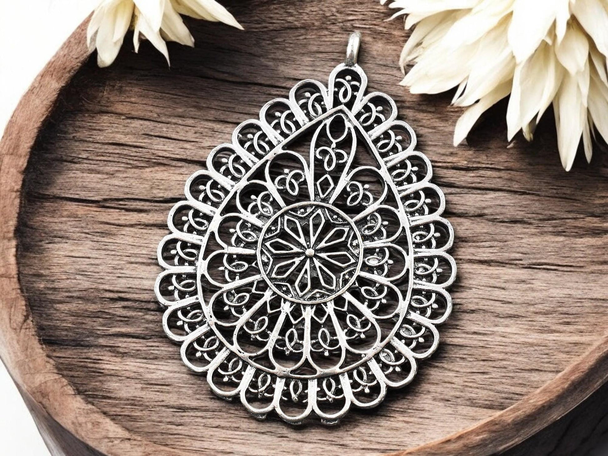 59x43mm Antique Silver Filigree Teardrop Pendants -- 3pcs