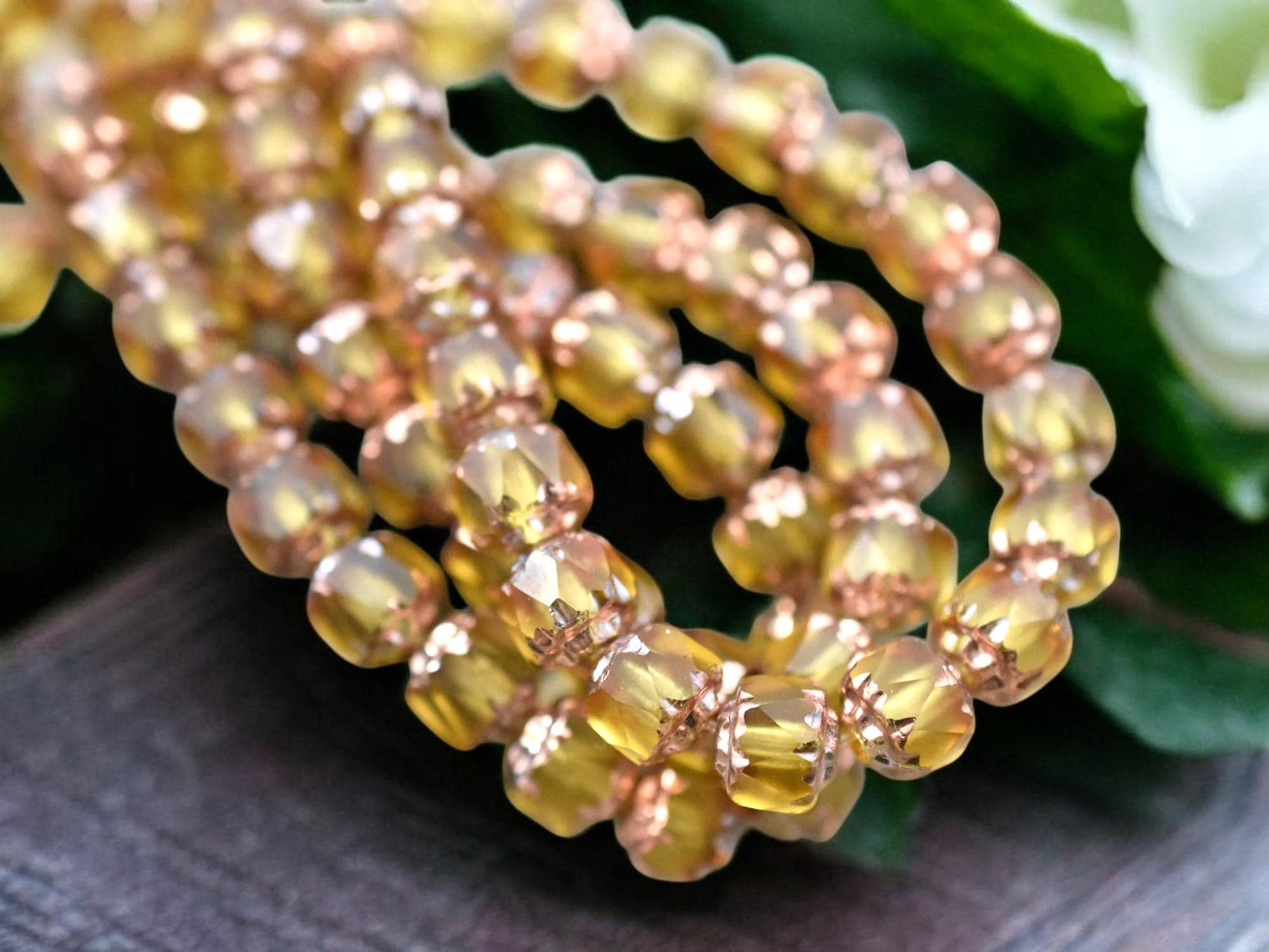 *20* 6mm Copper Washed Matte Yellow Topaz Polished Cathedral Beads