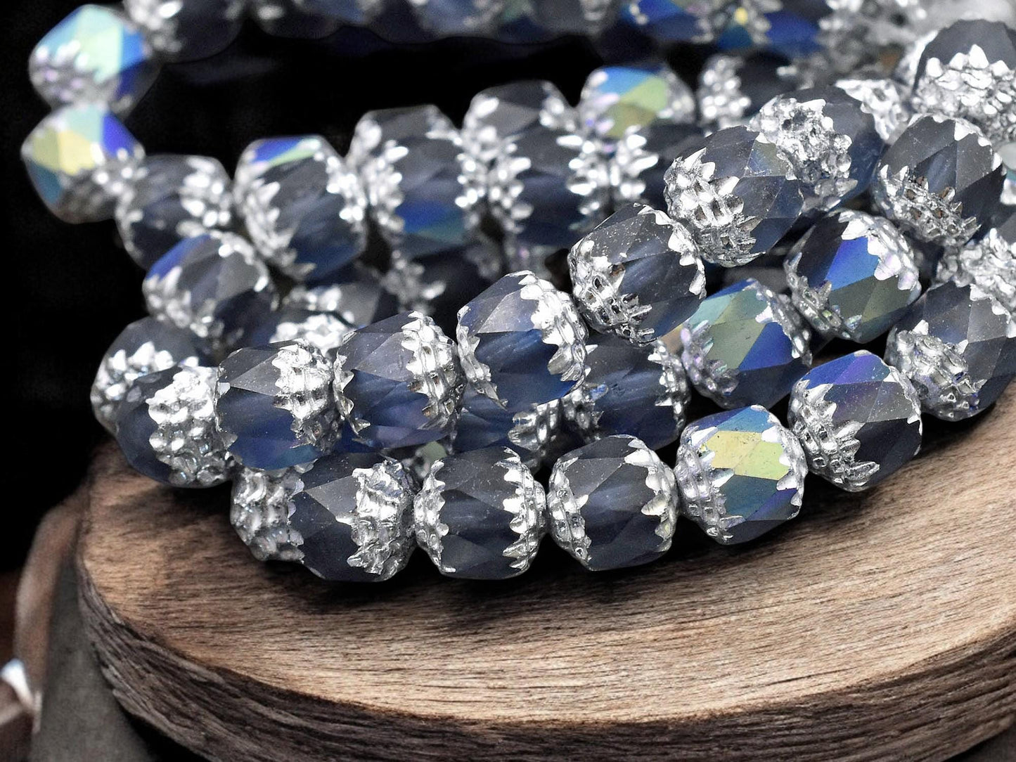 *15* 8mm Silver Washed Matte Montana Blue AB Fire Polished Cathedral Beads