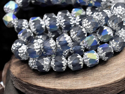 *15* 8mm Silver Washed Matte Montana Blue AB Fire Polished Cathedral Beads