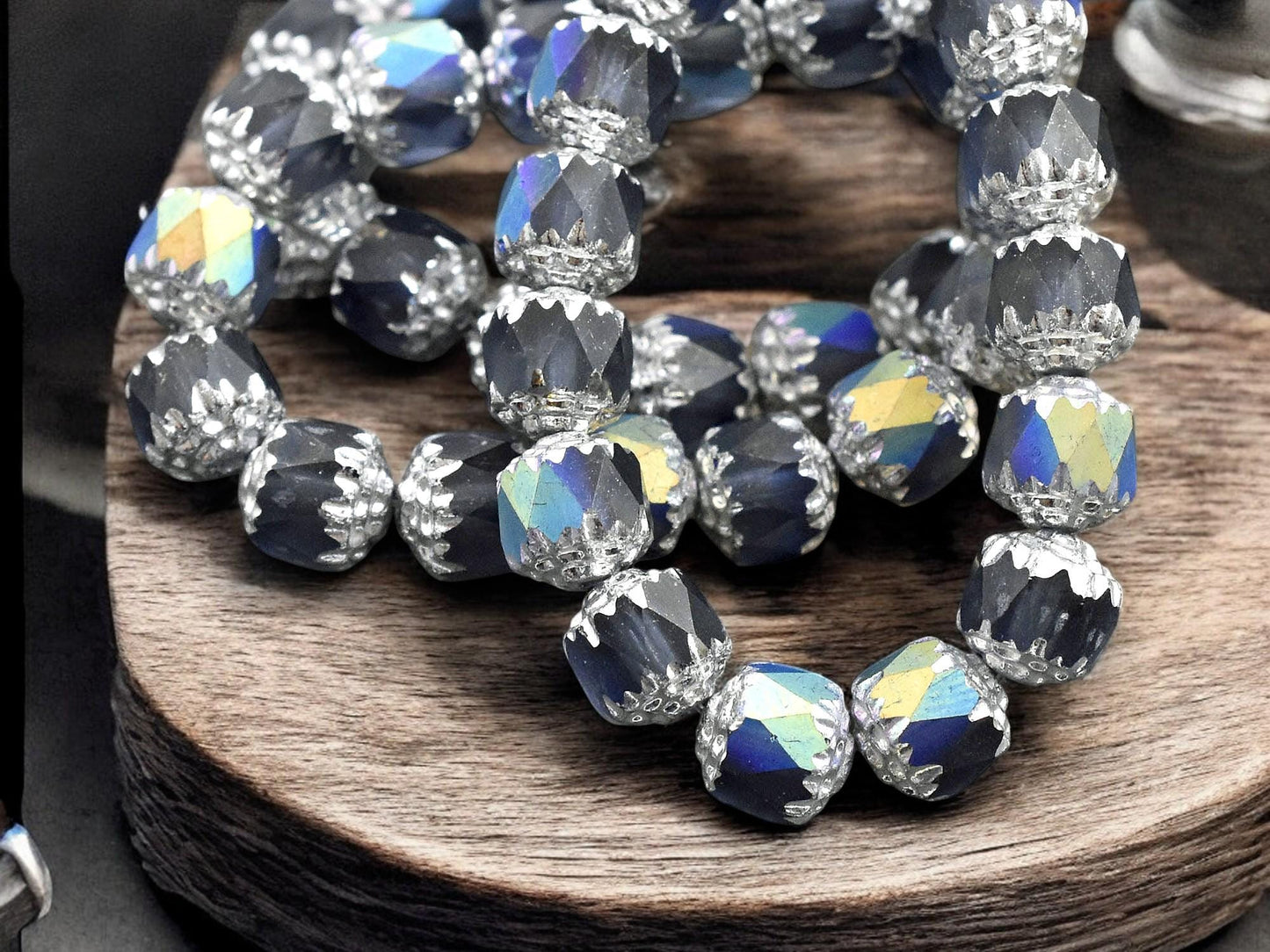 *15* 8mm Silver Washed Matte Montana Blue AB Fire Polished Cathedral Beads