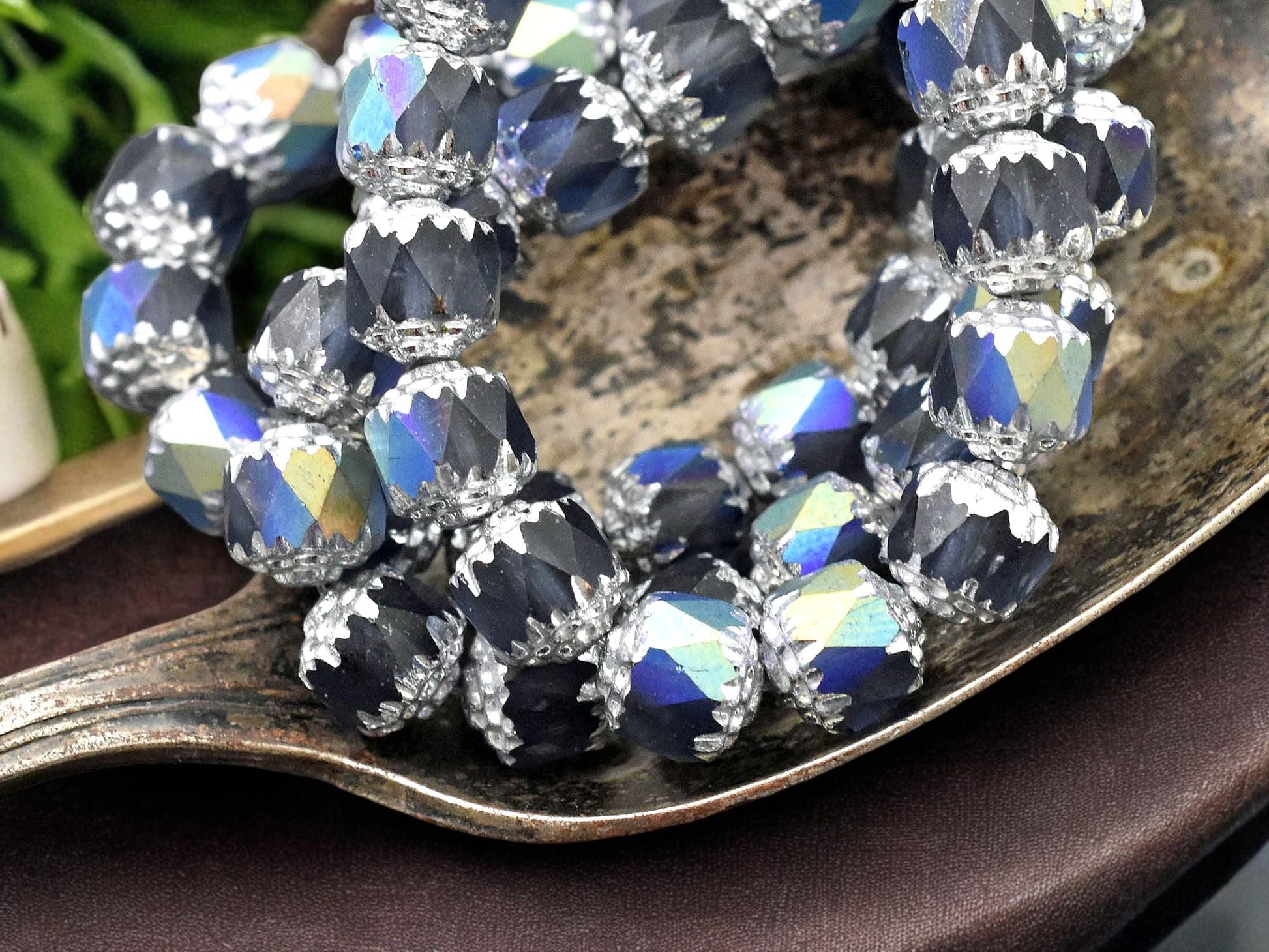*15* 8mm Silver Washed Matte Montana Blue AB Fire Polished Cathedral Beads