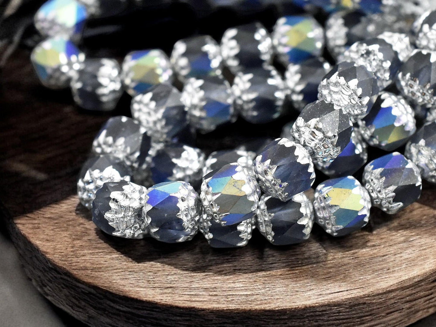 *15* 8mm Silver Washed Matte Montana Blue AB Fire Polished Cathedral Beads
