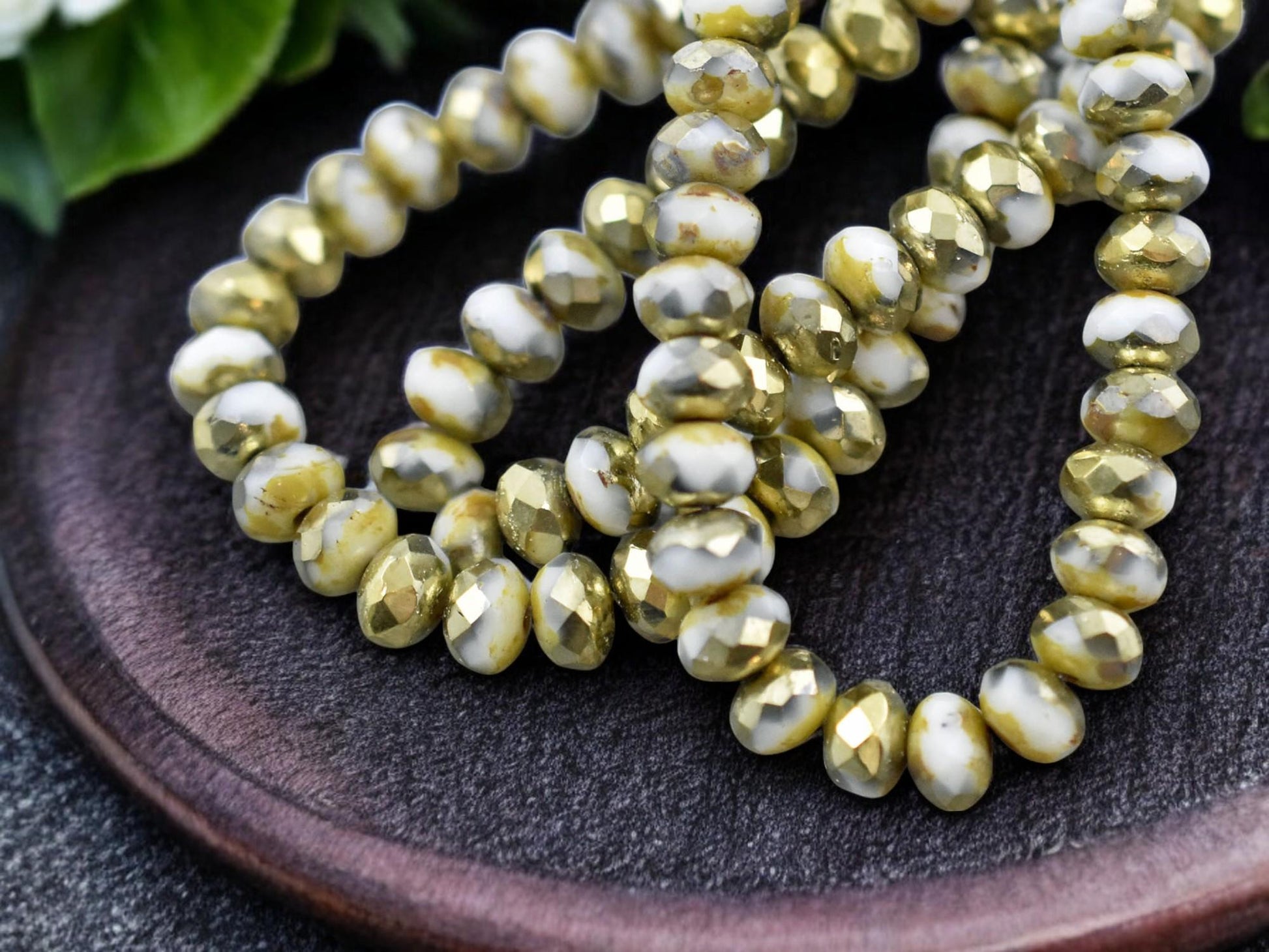 *30* 3x5mm Gold Washed Winter White Picasso Fire Polished Rondelle Beads