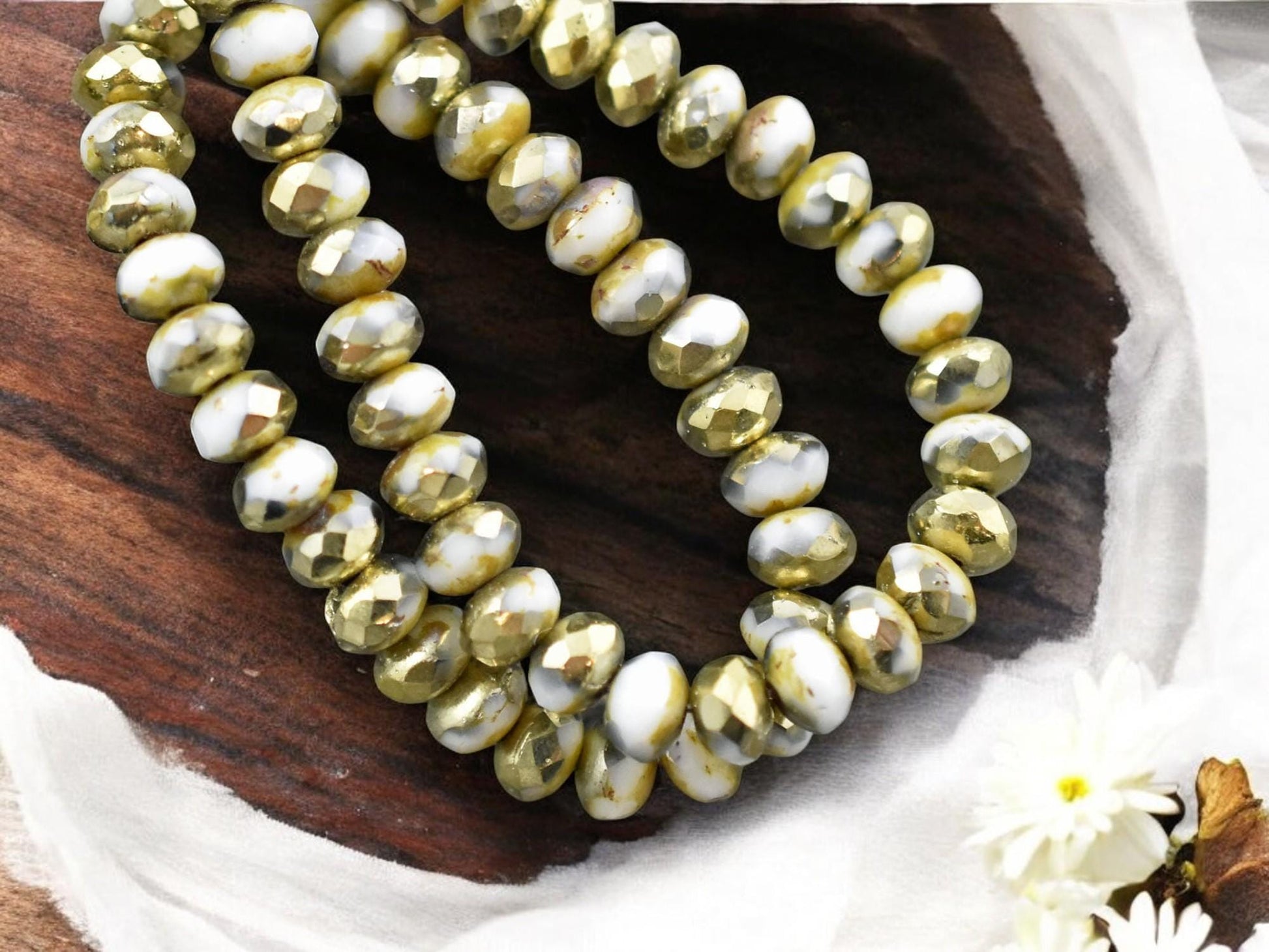 *30* 3x5mm Gold Washed Winter White Picasso Fire Polished Rondelle Beads
