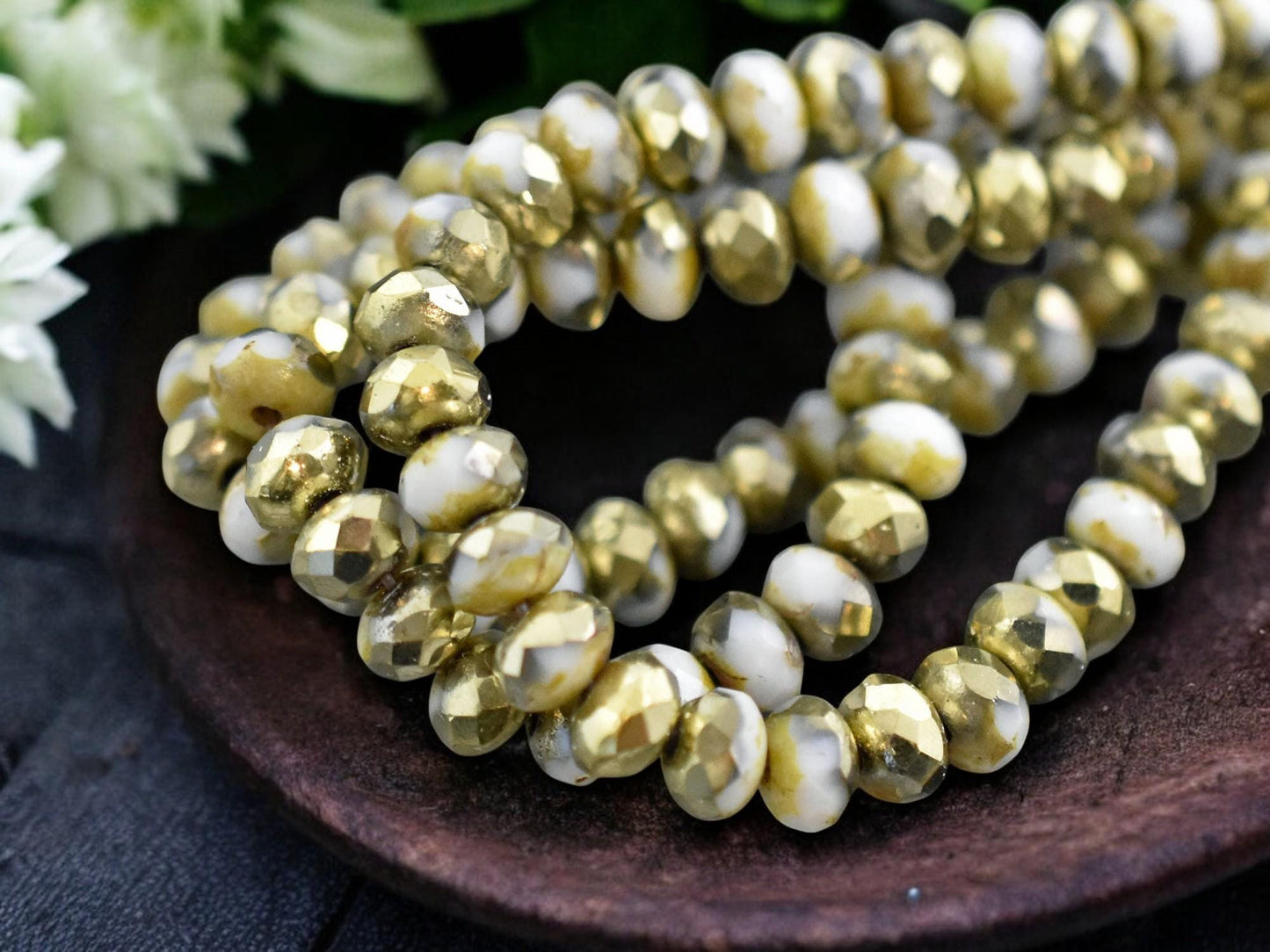 *30* 3x5mm Gold Washed Winter White Picasso Fire Polished Rondelle Beads