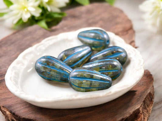 *6* 15x8mm Turquoise Washed Bottle Green Picasso Melon Drop Beads