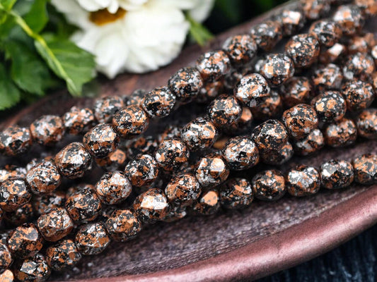 *25* 6mm Orange Speckled Jet Metallic Silver Fire Polished Round Beads