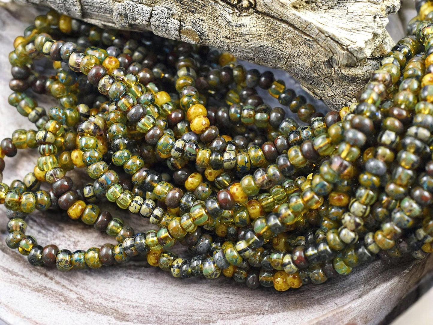 6/0 Aged Bear Striped Picasso Czech Glass Seed Bead Mix (21" Strand)