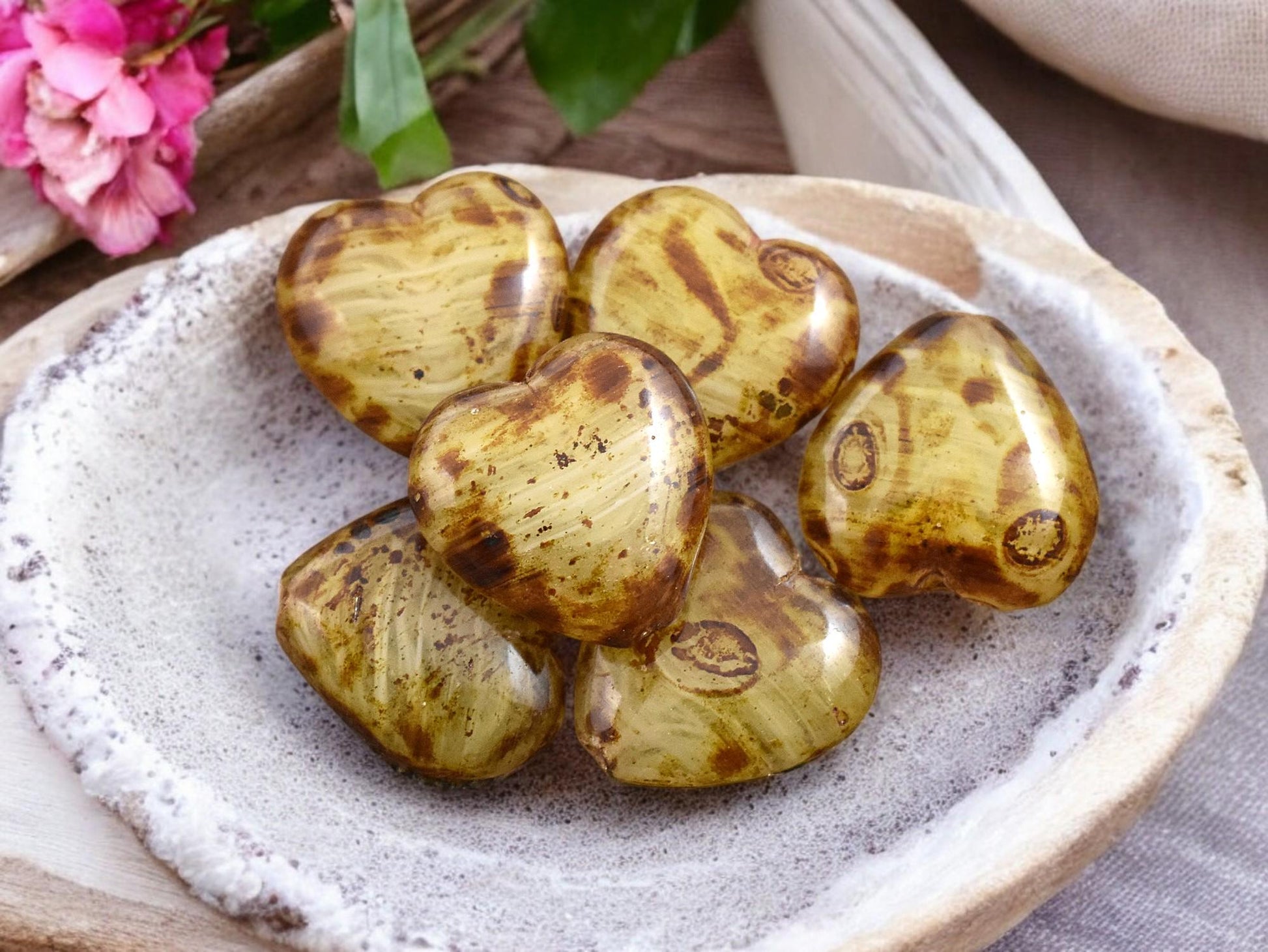 *10* 16x15mm Mottled Beige Opal Travertine Heart Beads