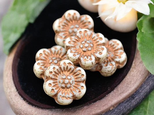 *12* 14mm Copper Washed Opaque Ivory Wildflower Beads